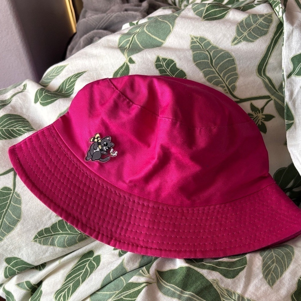 Pink Bucket Hat with Cat Pin